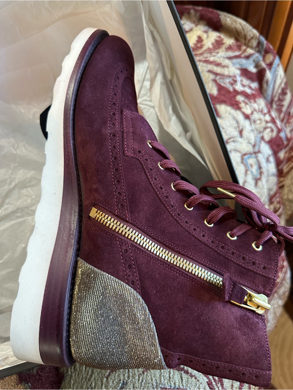 Women's Burgundy Suede Combat Boot With Gold Accent